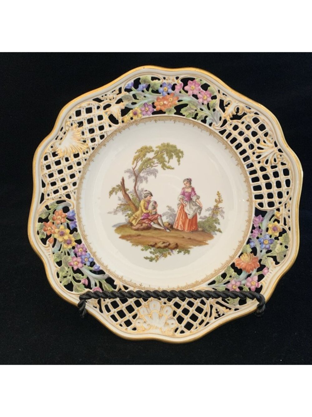 Antique Cabinet Plate Helena Wolfsohn Dresden Reticulated Watteau 8.5" Victorian